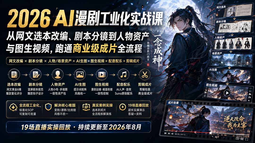 2026 AI漫剧工业化实战课-更新：从网文选本改编、剧本分镜到人物资产与图生视频，跑通商业级成片全流程-佰因轻创网