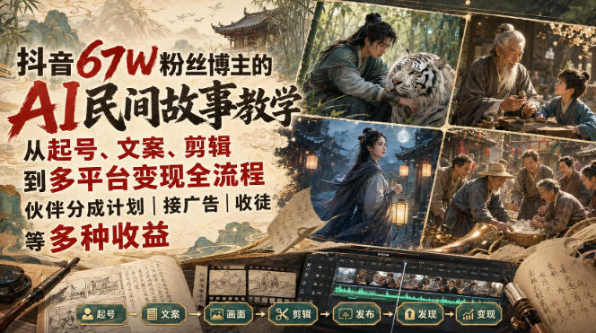 抖音67W粉丝博主的AI民间故事教学，从起号、文案、剪辑到多平台变现全流程，伙伴分成计划接广告等多种收益，月入1W+-佰因轻创网