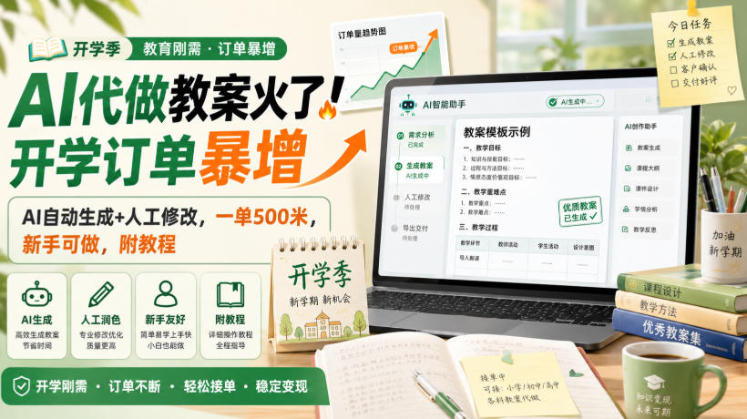 AI代做教案火了！开学订单暴增，AI自动生成+人工修改，一单500米，新手可做，附教程【揭秘】-佰因轻创网