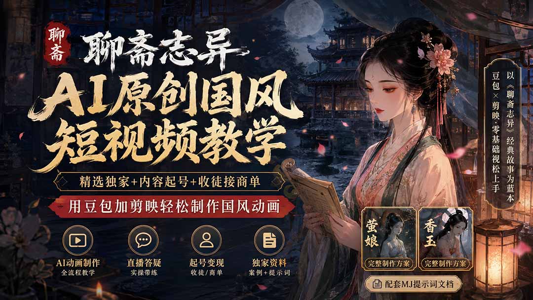 聊斋志异AI原创国风短视频教学-更新；精选独家+内容起号+收徒接商单，用豆包加剪映轻松制作国风动画-佰因轻创网