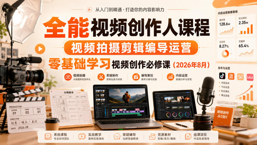全能视频创作人课程，视频拍摄剪辑编导运营，零基础学习视频创作必修课(2026年8月)-佰因轻创网