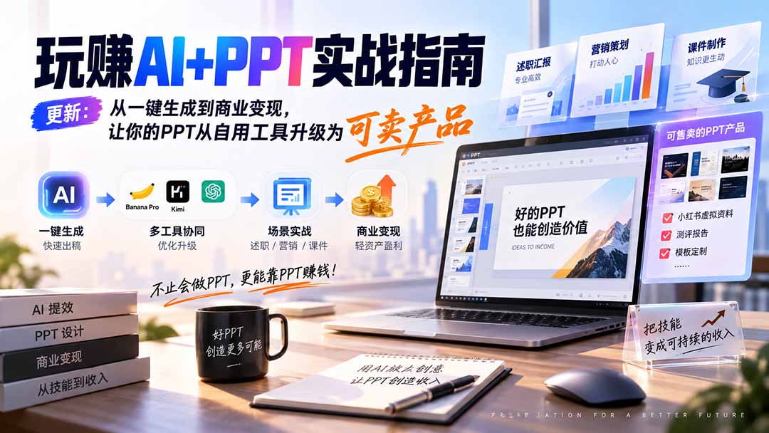 玩赚AI+PPT实战指南-更新5月13：从一键生成到商业变现，让你的PPT从自用工具升级为可卖产品-佰因轻创网