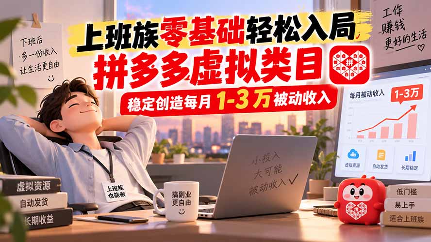 上班族零基础轻松入局，拼多多虚拟类目，稳定创造每月 1-3 万被动收入-佰因轻创网