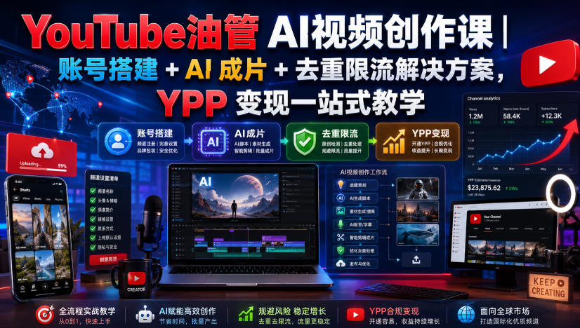 YouTube油管AI视频创作课｜账号搭建+AI成片+去重限流解决方案，YPP变现一站式教学(更新0817)-佰因轻创网