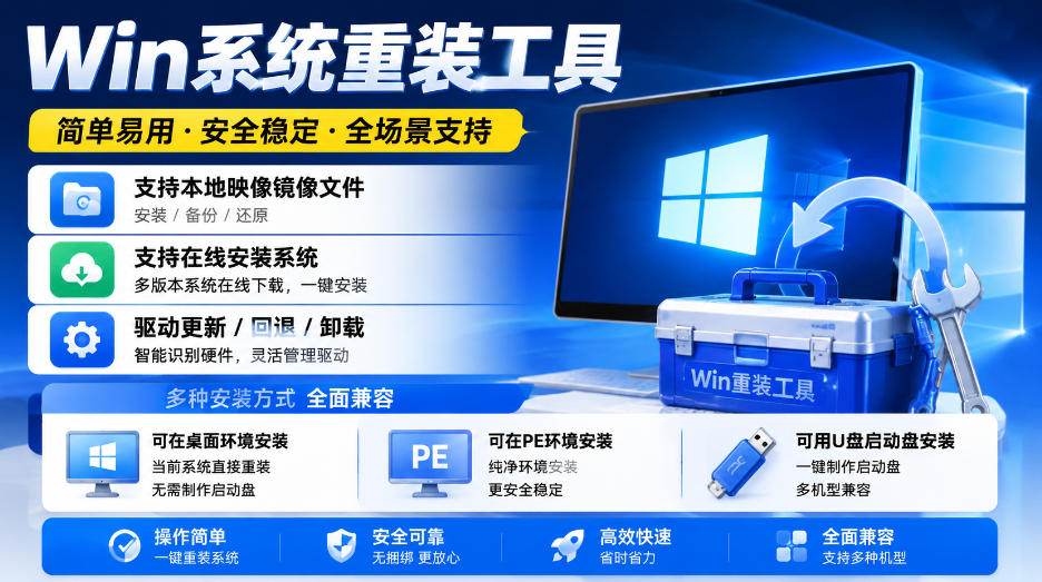 Win系统重装工具，支持本地映像镜像文件安装备份，简单易用-安全稳定-全场景支持-佰因轻创网