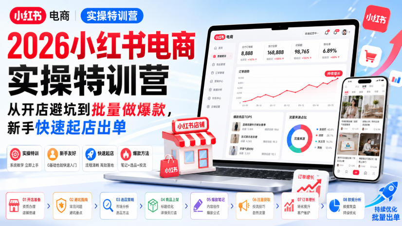 2026小红书电商实操特训营,从开店避坑到批量做爆款,新手快速起店出单-佰因轻创网