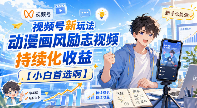 视频号新玩法动漫画风励志视频，持续化收益【小白首选啊】-佰因轻创网