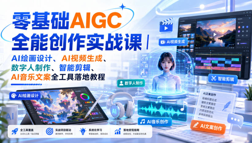 零基础AIGC全能创作实战课｜AI绘画设计、AI视频生成、数字人制作、智能剪辑、AI音乐文案全工具落地教程-佰因轻创网