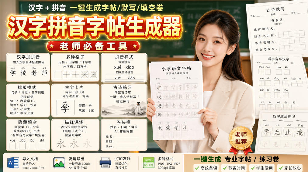 学习神器，汉字拼音字帖生成器，汉字+拼音 一键生成字帖/默写/填空卷，支持词组、成语，老师、家长必备-佰因轻创网