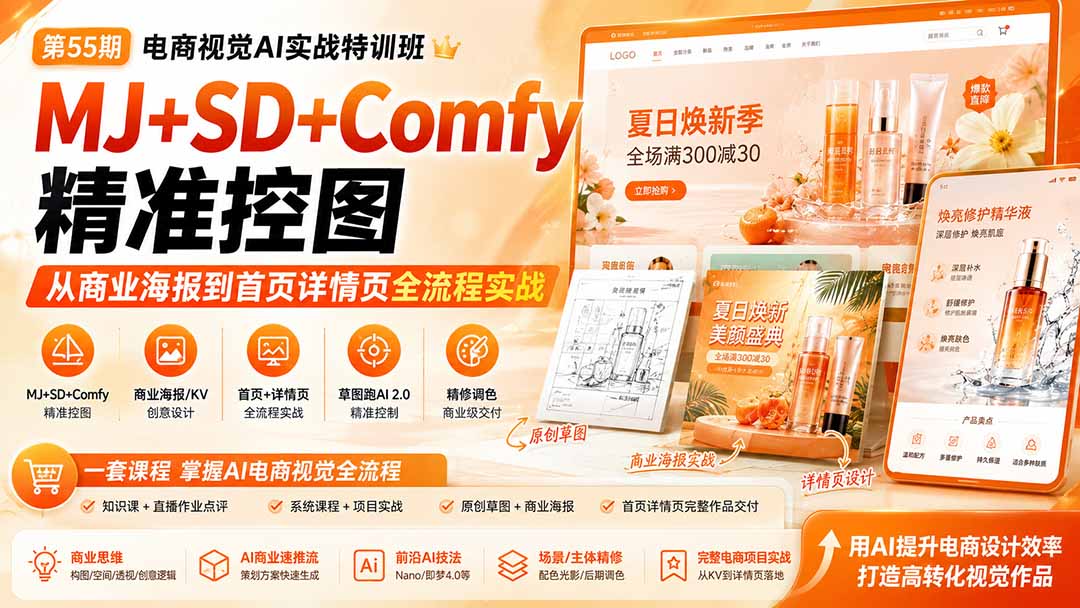 电商视觉 AI实战训练营第55期:MJ+SD+Comfy精准控图,从商业海报到首页详情页全流程实战-佰因轻创网