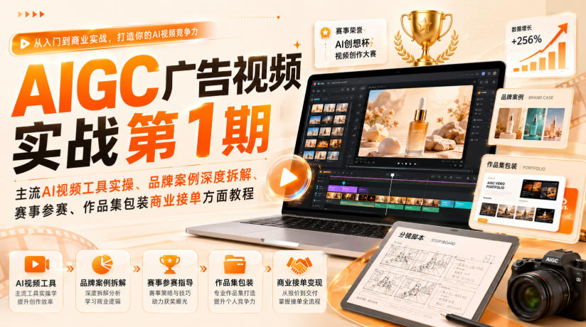 AIGC广告视频实战第1期，主流AI视频工具实操、品牌案例深度拆解、赛事参赛、作品集包装商业接单方面教程-佰因轻创网