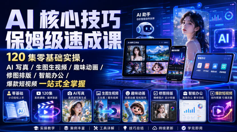 AI核心技巧保姆级速成课｜120集零基础实操，AI写真/生图生视频/趣味动画/修图排版/智能办公/爆款短视频一站式全掌握(更新)-佰因轻创网