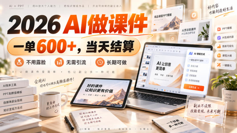 2026 AI做课件，一单600+，当天结算，不用露脸，无需引流，长期可做【揭秘】-佰因轻创网