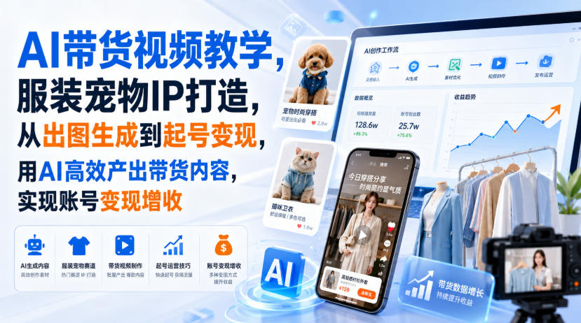 AI带货视频教学，服装宠物IP打造，从出图生成到起号变现，用AI高效产出带货内容，实现账号变现增收-佰因轻创网