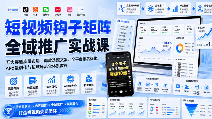 短视频钩子矩阵全域推广实战课｜五大赛道流量布局、爆款选题文案、全平台排名优化、AI批量创作与私域导流全体系教程-佰因轻创网