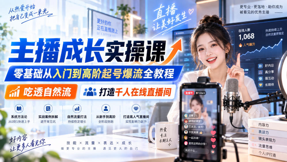 主播成长实操课|零基础从入门到高阶起号爆流全教程,吃透自然流,打造千人在线直播间-佰因轻创网