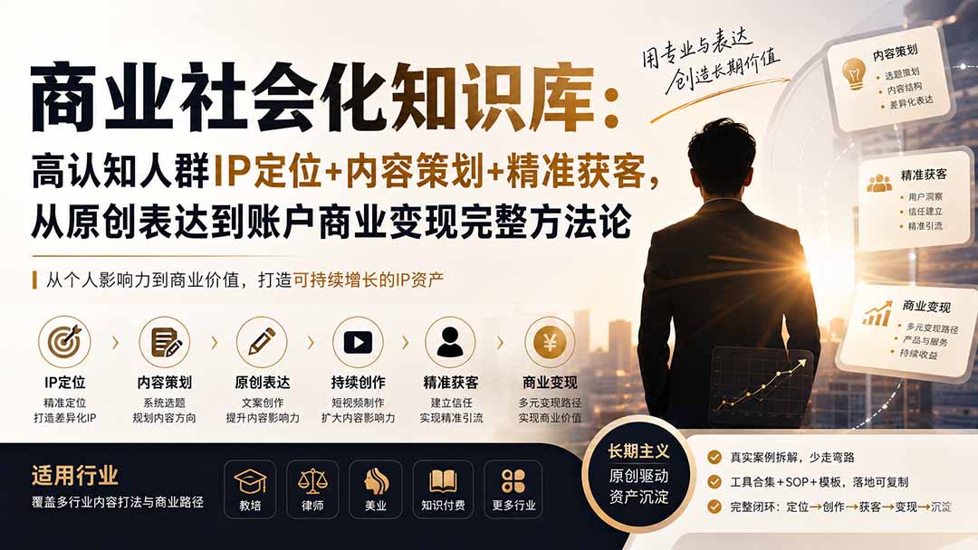 商业社会化知识库:高认知人群IP定位+内容策划+精准获客,从原创表达到账户商业变现完整方法论-佰因轻创网
