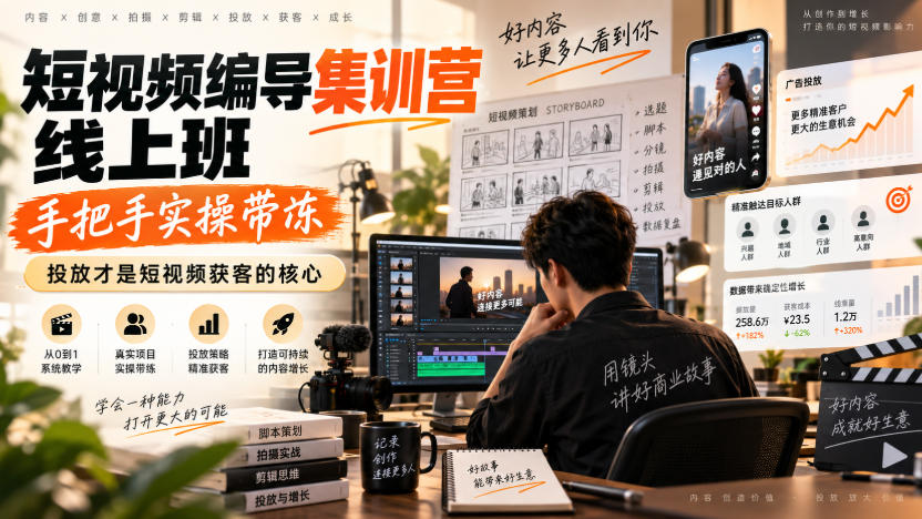 短视频编导集训营线上班，手把手实操带冻，投放才是短视频获客的核心-佰因轻创网