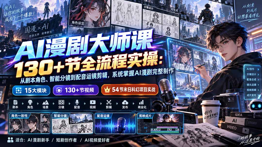 AI漫剧大师课130+节全流程实操：从剧本角色、智能分镜到配音运镜剪辑，系统掌握AI漫剧完整制作-佰因轻创网