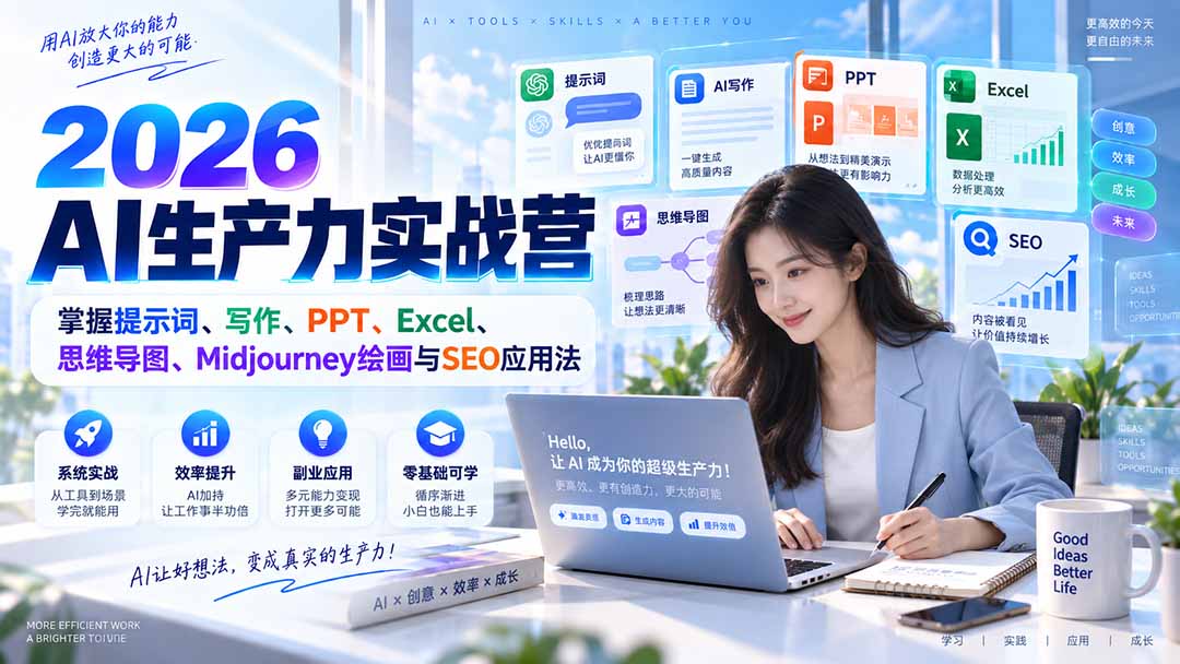 2026AI生产力实战营：掌握提示词、写作、PPT、Excel、思维导图、Midjourney绘画与SEO应用法-佰因轻创网