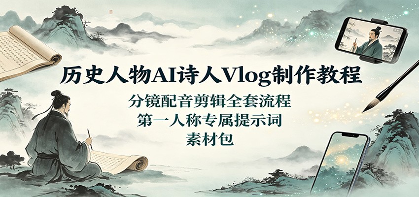 历史人物AI诗人Vlog制作教程：分镜配音剪辑全套流程，第一人称专属提示词素材包-佰因轻创网