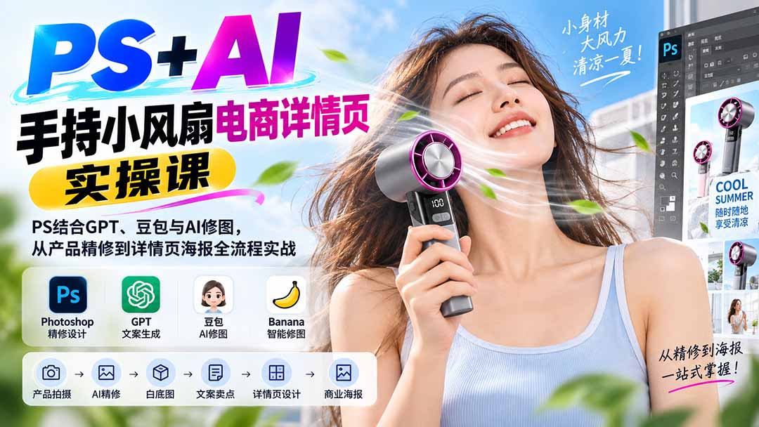 PS+AI手持小风扇电商详情页实操课：PS结合GPT、豆包与AI修图，从产品精修到详情页海报全流程实战-佰因轻创网