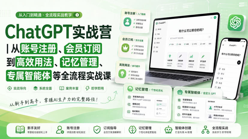 ChatGPT实战营｜从账号注册、会员订阅到高效用法、记忆管理、专属智能体等全流程实战课-佰因轻创网