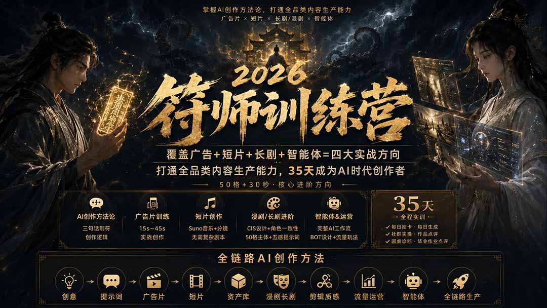 符师训练营-35天成为AI时代创作者，广告+短片+漫剧+智能体四大实战方向，掌握从创意到上线的完整工作流-佰因轻创网