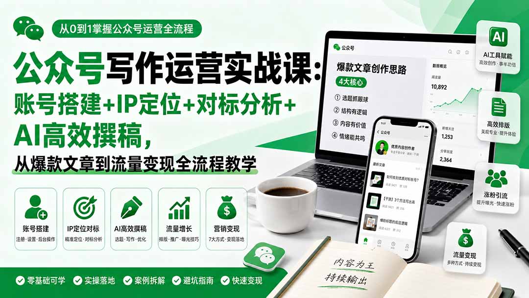 公众号写作运营实战课：账号搭建+IP定位+对标分析+AI高效撰稿，从爆款文章到流量变现全流程教学-佰因轻创网