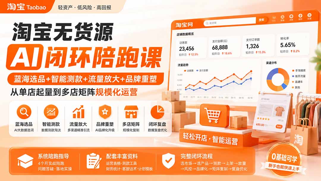 淘宝无货源AI闭环陪跑课：蓝海选品+智能测款+流量放大+品牌重塑，从单店起量到多店矩阵规模化运营-佰因轻创网