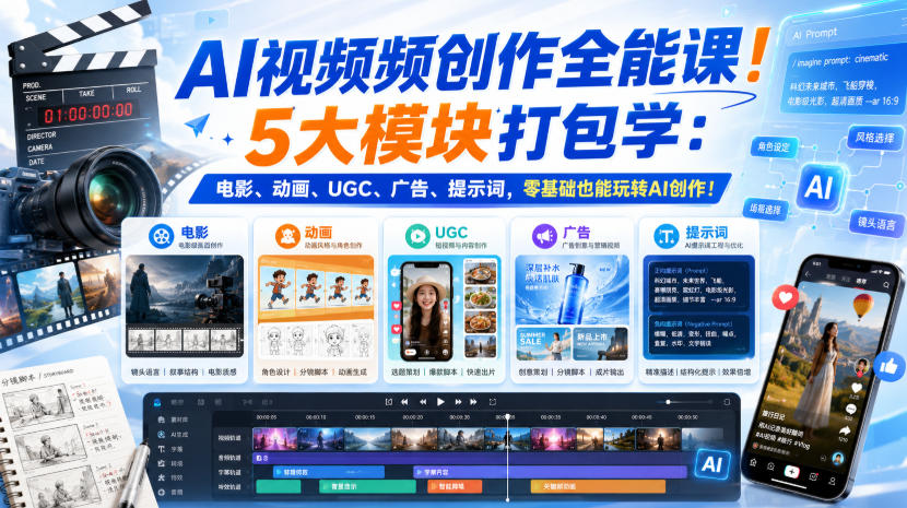 AI视频频创作全能课！5大模块打包学：电影、动画、UGC、广告、提示词，零基础也能玩转AI创作！【原创双语字幕】-佰因轻创网