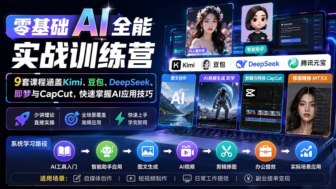 零基础AI全能实战训练营：9套课程涵盖Kimi、豆包、DeepSeek、即梦与CapCut，快速掌握AI应用技巧-佰因轻创网