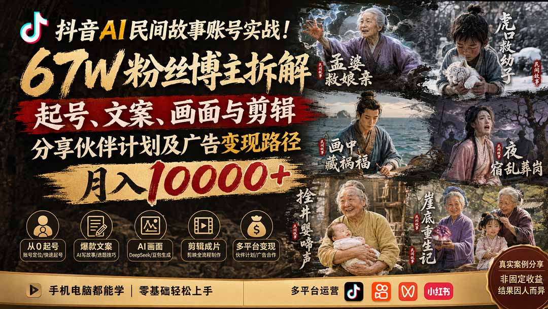 抖音AI民间故事账号实战！67W粉丝博主拆解起号、文案、画面与剪辑，分享伙伴计划及广告变现路径，月入10000+-佰因轻创网