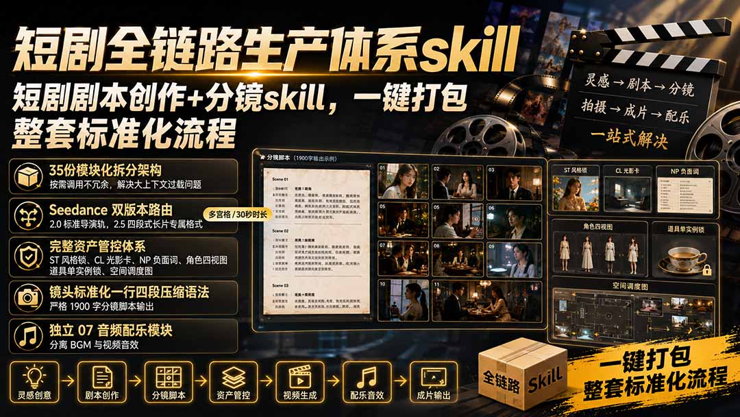 短剧全链路生产体系skill，短剧剧本创作+分镜skill，一键打包，整套标准化流程-佰因轻创网