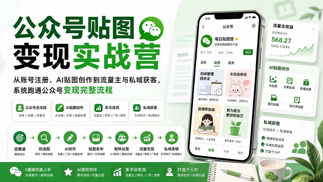 公众号贴图变现实战营：从账号注册、AI贴图创作到流量主与私域获客，系统跑通公众号变现完整流程-佰因轻创网