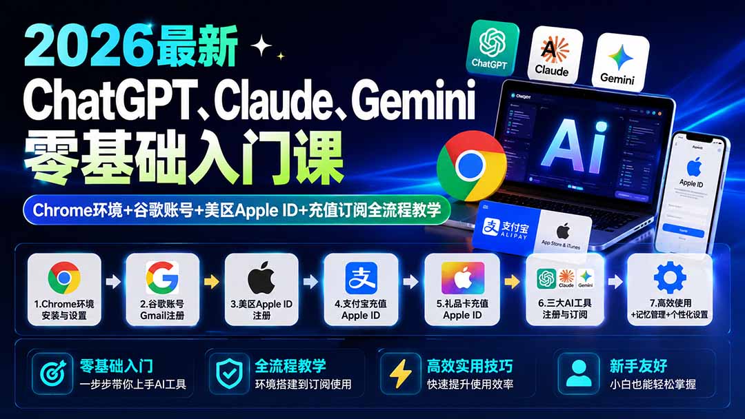 2026最新ChatGPT、Claude、Gemini零基础入门课：Chrome环境+谷歌账号+美区Apple ID+充值订阅全流程教学-佰因轻创网