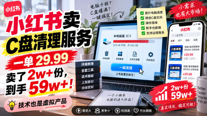 小红书卖C盘清理服务，一单29.99，卖了2w+份，技术也是虚拟产品-佰因轻创网