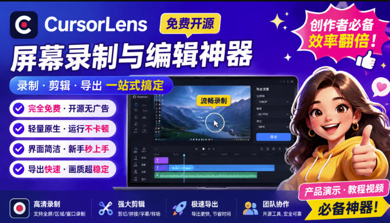 CursorLens免费开源录屏工具，支持自动缩放，教程视频录制必备神器-佰因轻创网