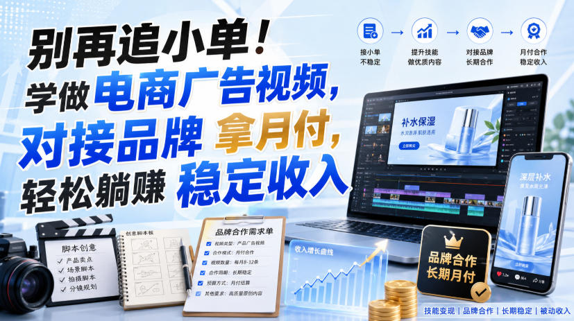 别再追小单！学做电商广告视频，对接品牌拿月付，轻松躺賺稳定收入【原创双语字幕】-佰因轻创网