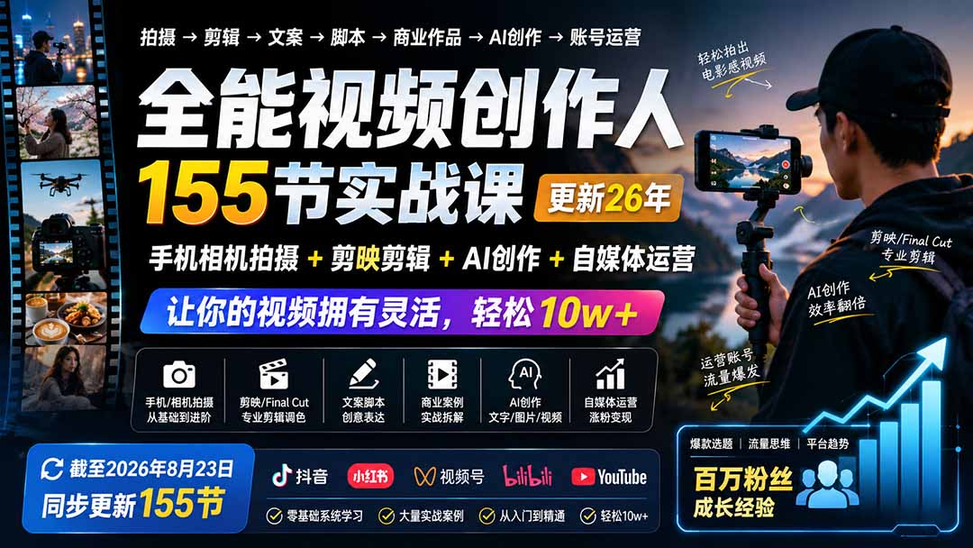 全能视频创作人155节实战课-更新26年8月：手机相机拍摄+剪映剪辑+AI创作+自媒体运营，让你的视频拥有灵活，轻松10w-佰因轻创网