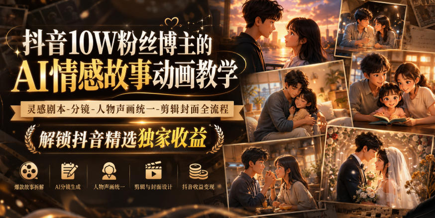 抖音10W粉丝博主的AI情感故事动画教学，灵感剧本‑分镜‑人物声画统一‑剪辑封面全流程，解锁抖音精选独家收益-佰因轻创网