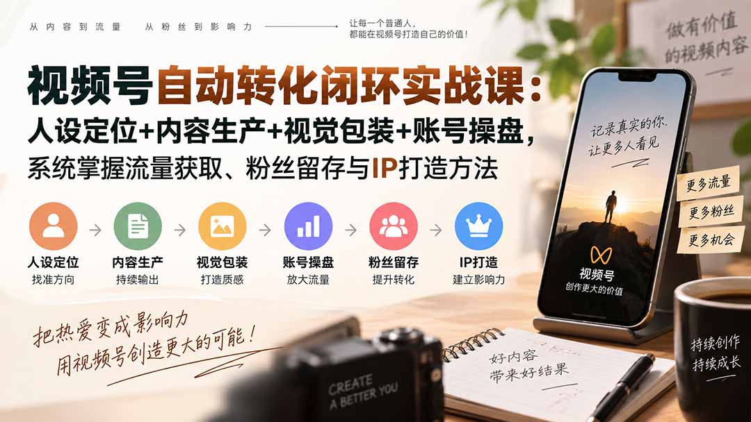 视频号自动转化闭环实战课：人设定位+内容生产+视觉包装+账号操盘，系统掌握流量获取、粉丝留存与IP打造方法-佰因轻创网