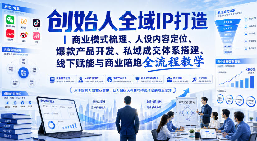 创始人全域IP打造|商业模式梳理、人设内容定位、爆款产品开发、私域成交体系搭建、线下赋能与商业陪跑全流程教学-佰因轻创网