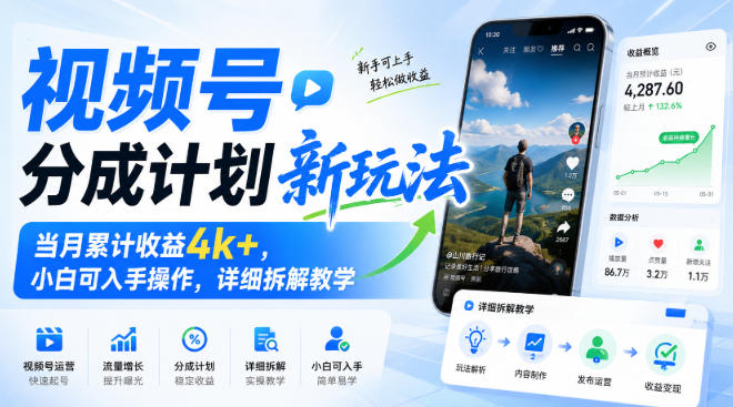 视频号分成计划新玩法,当月累计收益4k+,小白可入手操作,详细拆解教学-佰因轻创网