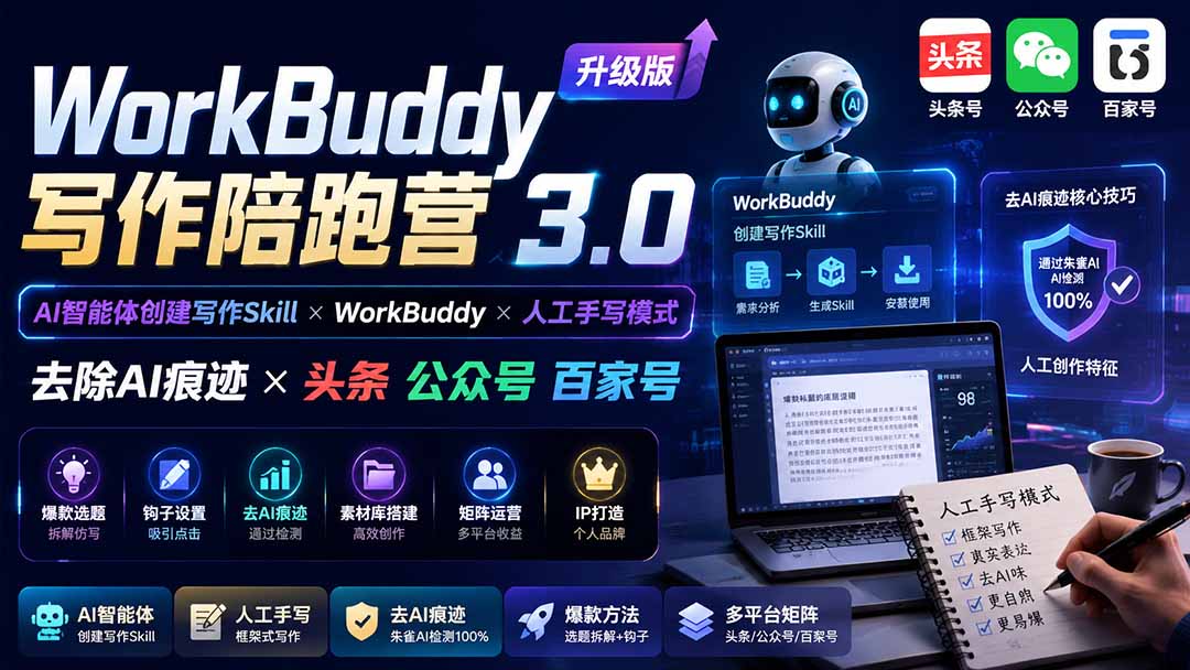 WorkBuddy写作陪跑营3.0-更新：Ai智能体创建写作Skill×WorkBuddy×人工手写模式×去除AI痕迹×头条公众号百家号-佰因轻创网