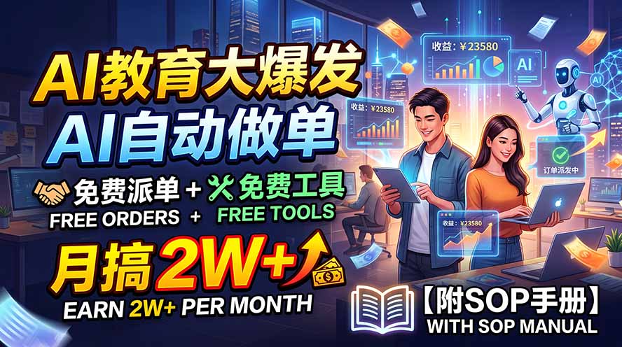 AI教育大爆发，AI自动做单，免费派单+免费工具，月搞2W+【附SOP手册】-佰因轻创网