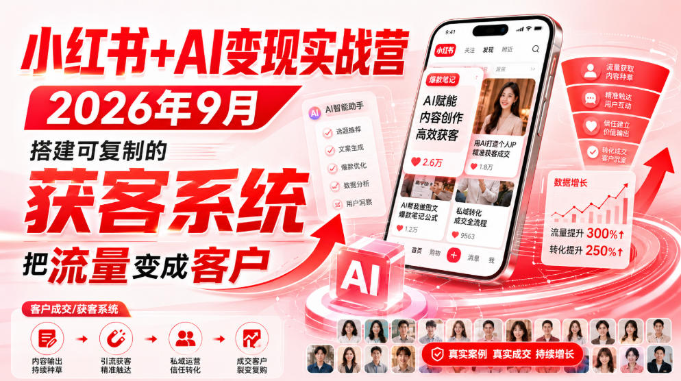小红书+AI变现实战营2026年9月，搭建可复制的获客系统，把流量变成客户！-佰因轻创网