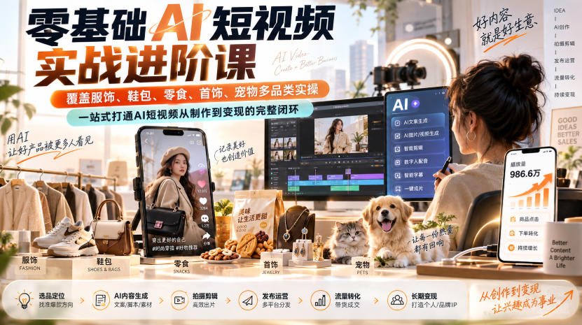 零基础AI短视频实战进阶课，覆盖服饰、鞋包、零食、首饰、宠物多品类实操，一站式打通AI短视频从制作到变现的完整闭环-佰因轻创网