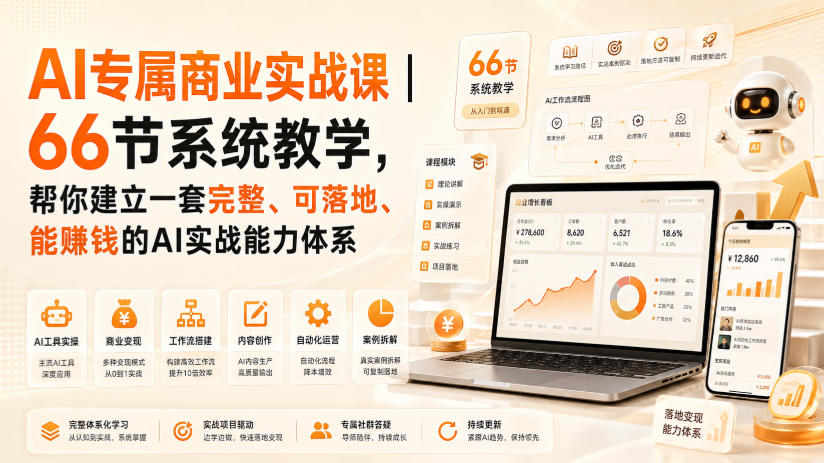 AI专属商业实战课｜66节系统教学，帮你建立一套完整、可落地、能賺钱的AI实战能力体系-佰因轻创网