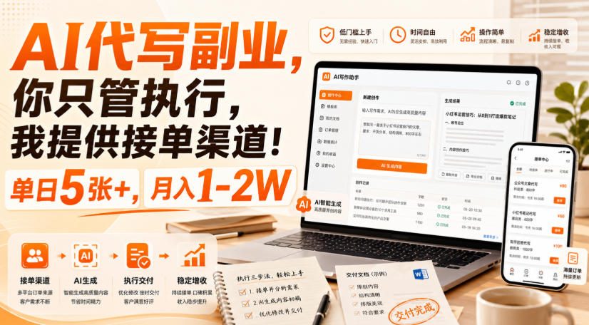 AI代写副业，你只管执行，我提供接单渠道！单日5张+，月入1-2W【揭秘】-佰因轻创网
